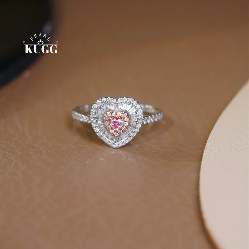 Anillos KUGG 100% de oro blanco de 18 quilates, elegante anillo de compromiso con forma de corazón y diamante rosa natural real para mujer, joyería de boda de alta calidad