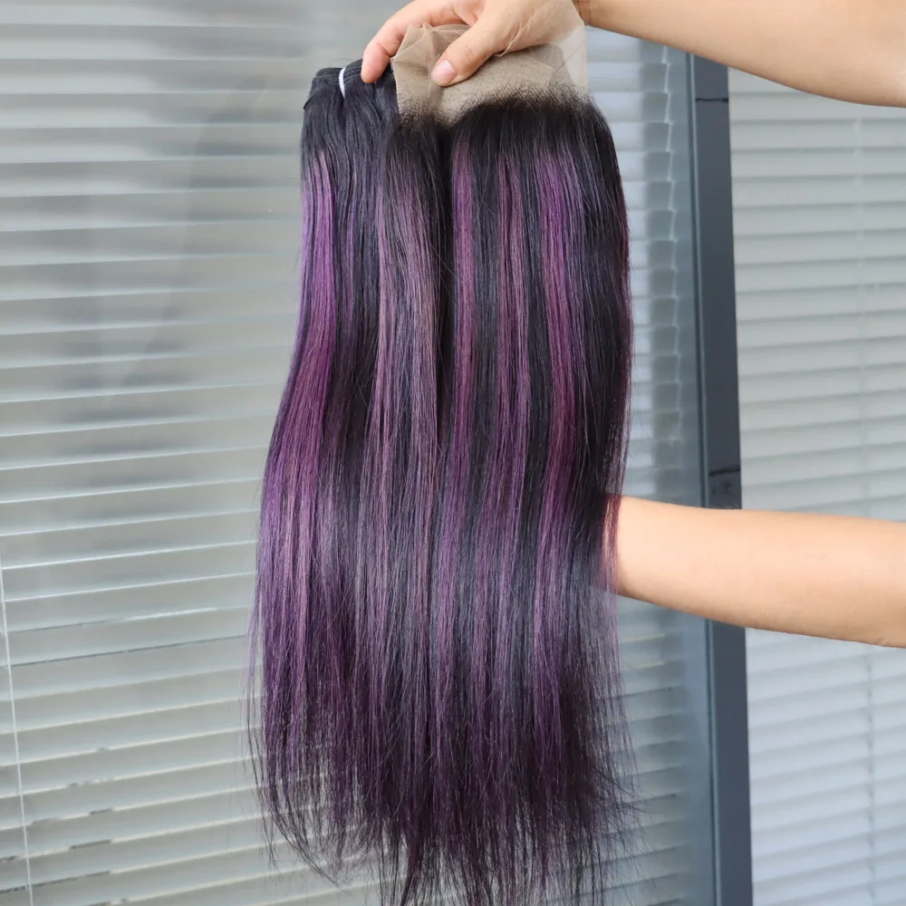 الجملة عذراء الشعر البشري تسليط الضوء على البيانو أومبير اللون 1B حزم الشعر البرازيلي الأرجواني مع إغلاق أمامي الدانتيل لكامل الرأس