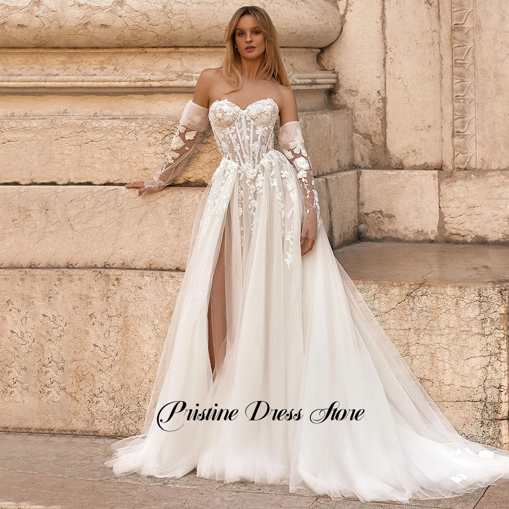Sexy Side Slit Wedding Dress with Detachable Sleeve Customized Tulle Appliques Sweetheart Bridal Gown for Bride Vestido De Novia