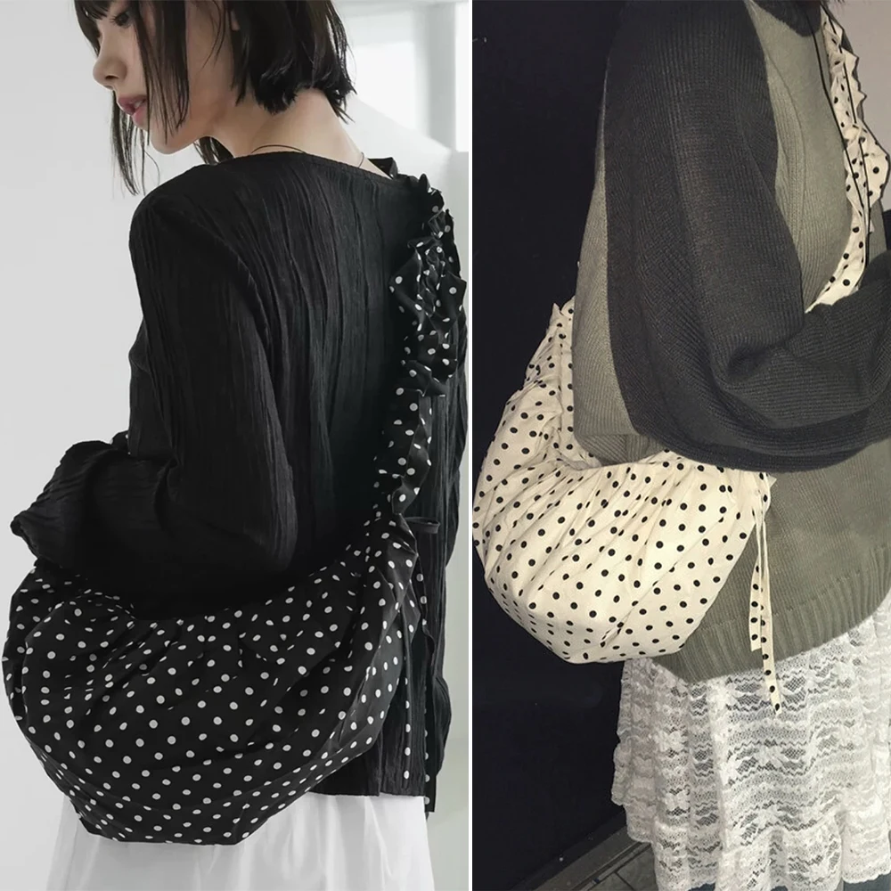 Casual Canvas Shoulder Bag Dot-pattern Bow Tie Design Tote Bag Adjustable Shoulder Strap Women's Handbag Girls