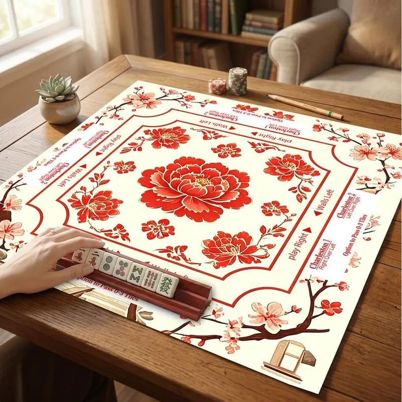 VIKAMA Chinese Red Peony Plum Mahjong Mat Golden Frame Zoned Pad Chinese American Charleston Mahjong Desktop Cover Non Slip