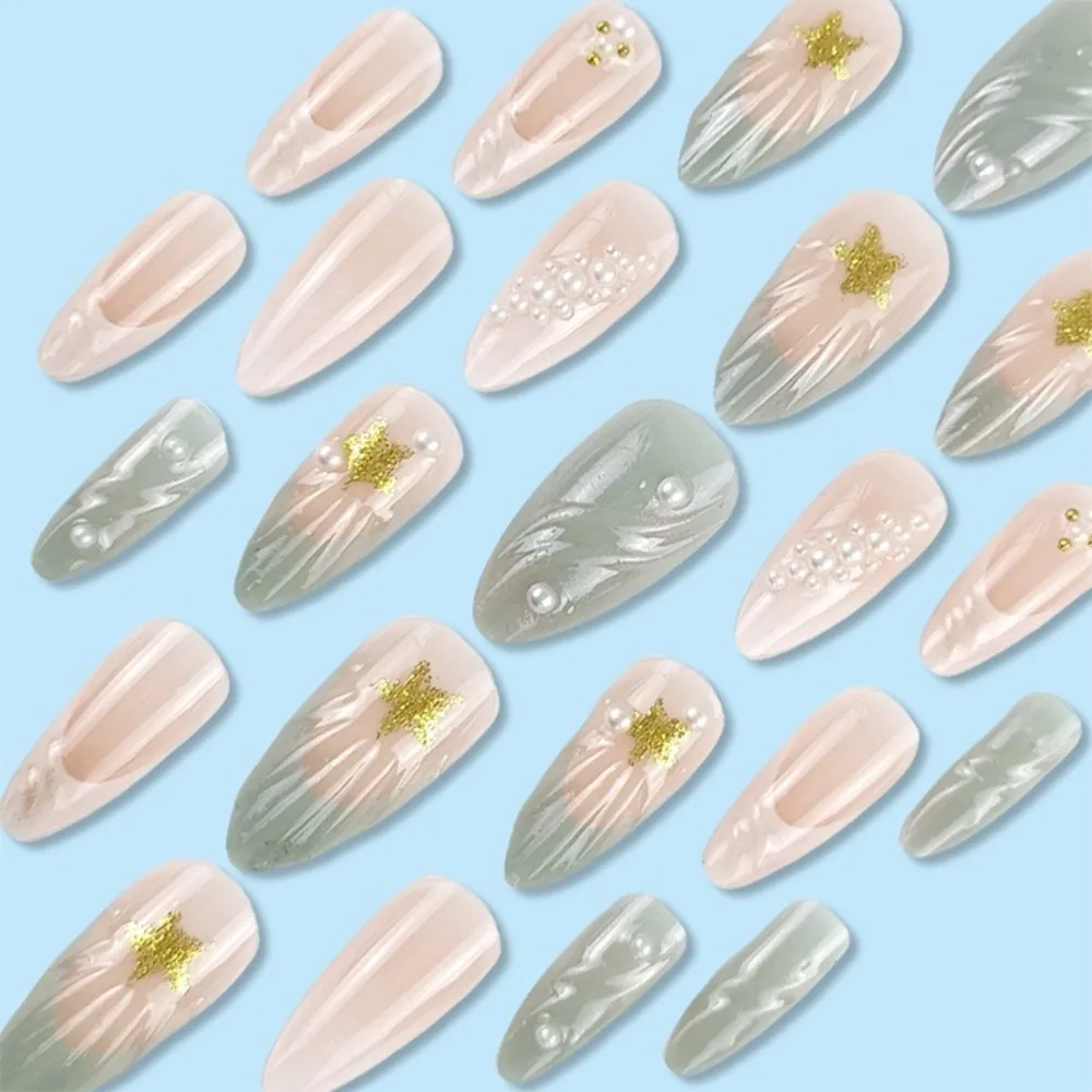 24Pcs Starfish/Butterfly French Ocean False Nails French Cream Gradient Nail Accessories Seaside Flowers Fake Nails