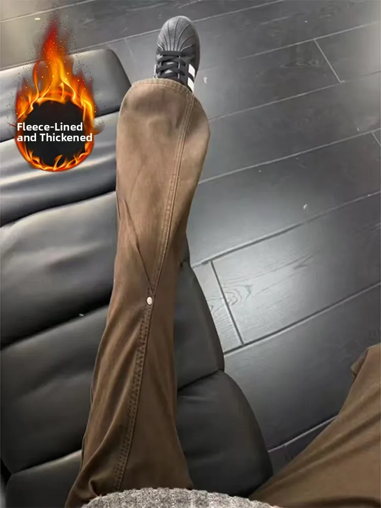 

Мужские джинсы с флисовой подкладкой и заклепками, повседневные, весенние, с низкой талией, прямого кроя, с геометрическим узором, износостойкие, в американском стиле, для повседневной носки