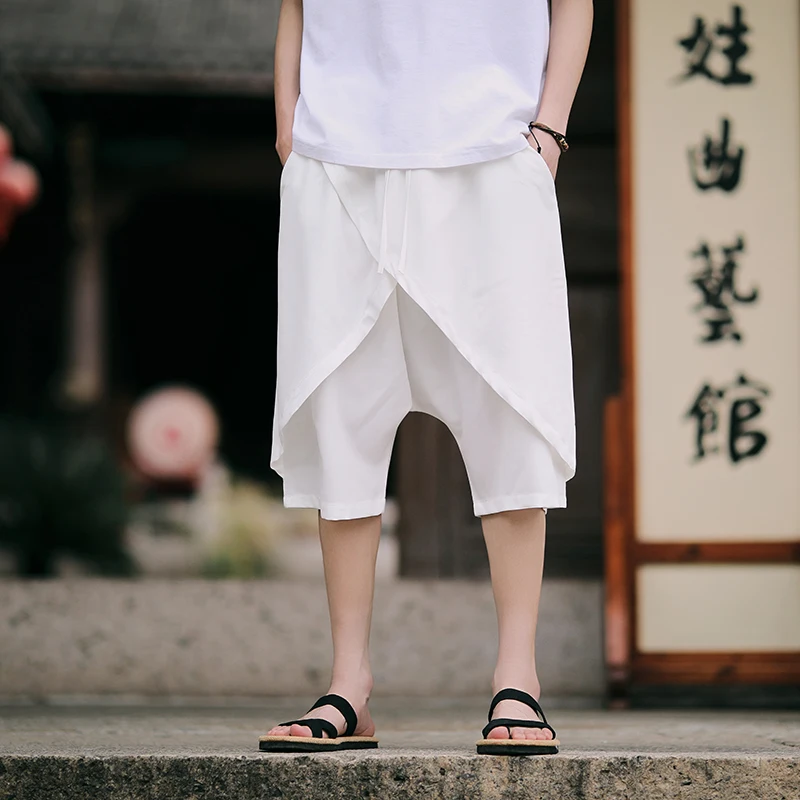 2025 Men Soild Color Casual Patchwork Pants Men Chinese Style Loose Fit Bloomers Summer Men Vintage Low Waist Wide Leg Pants
