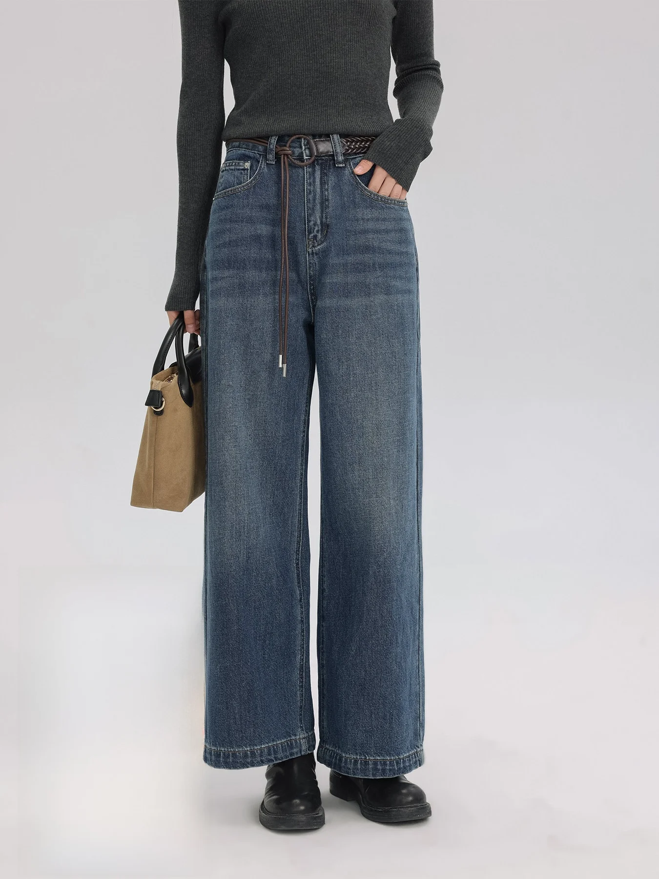 

Джинсы с высокой талией, прямые, из денима, на флисовой подкладке, с тканым ремнем, темно-синие, винтажные, удобные, из смесового хлопка, женские