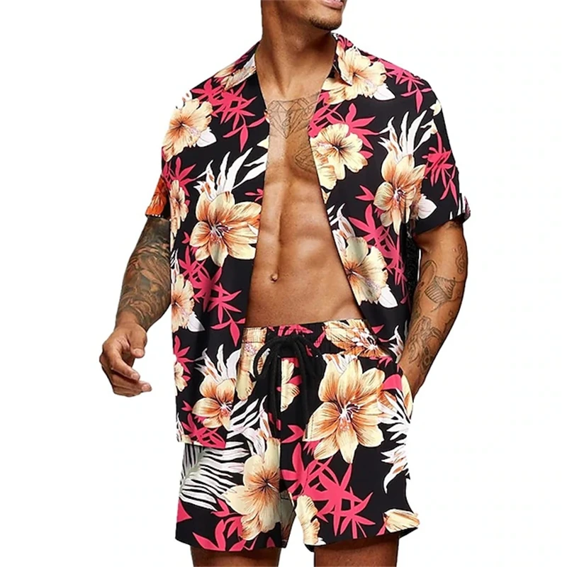 Floral Print Fashionable Short-Sleeved Hawaiian Shirt 2-Piece Set Summer Versatile Top Shirt And Drawstring Shorts Sets