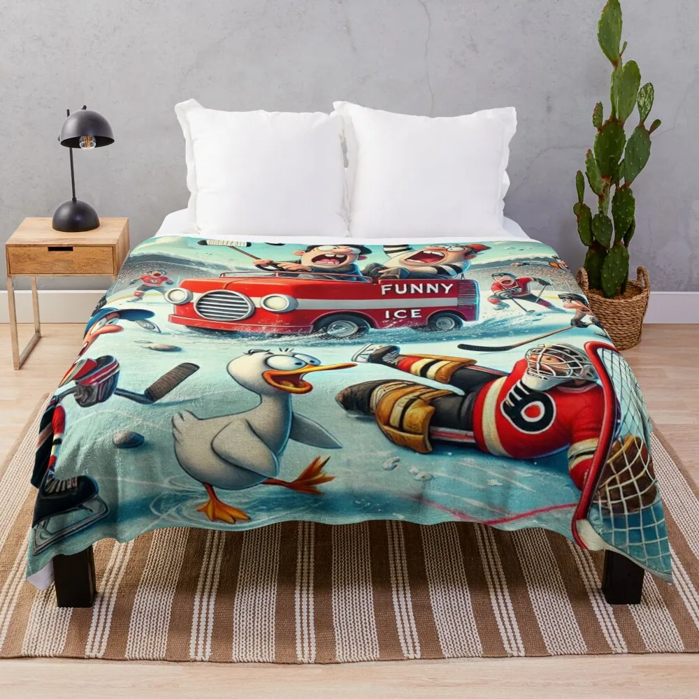 Get Your Game On: Hilarious Ice Hockey Moments Captured in Cartoon Art Throw Blanket Blankets For Bed Summer Soft Big Blankets