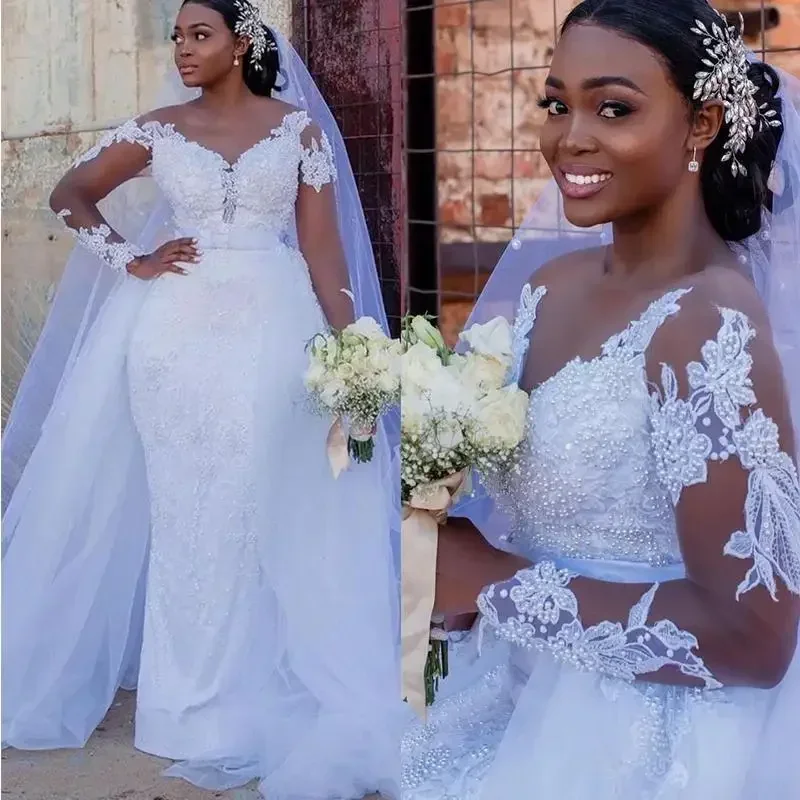 تخصيص اللؤلؤ الأبيض حورية البحر الزفاف طويلة الأكمام جوهرة الرقبة الوهم التنانير فساتين الزفاف الدانتيل فساتين الزواج الأفريقي