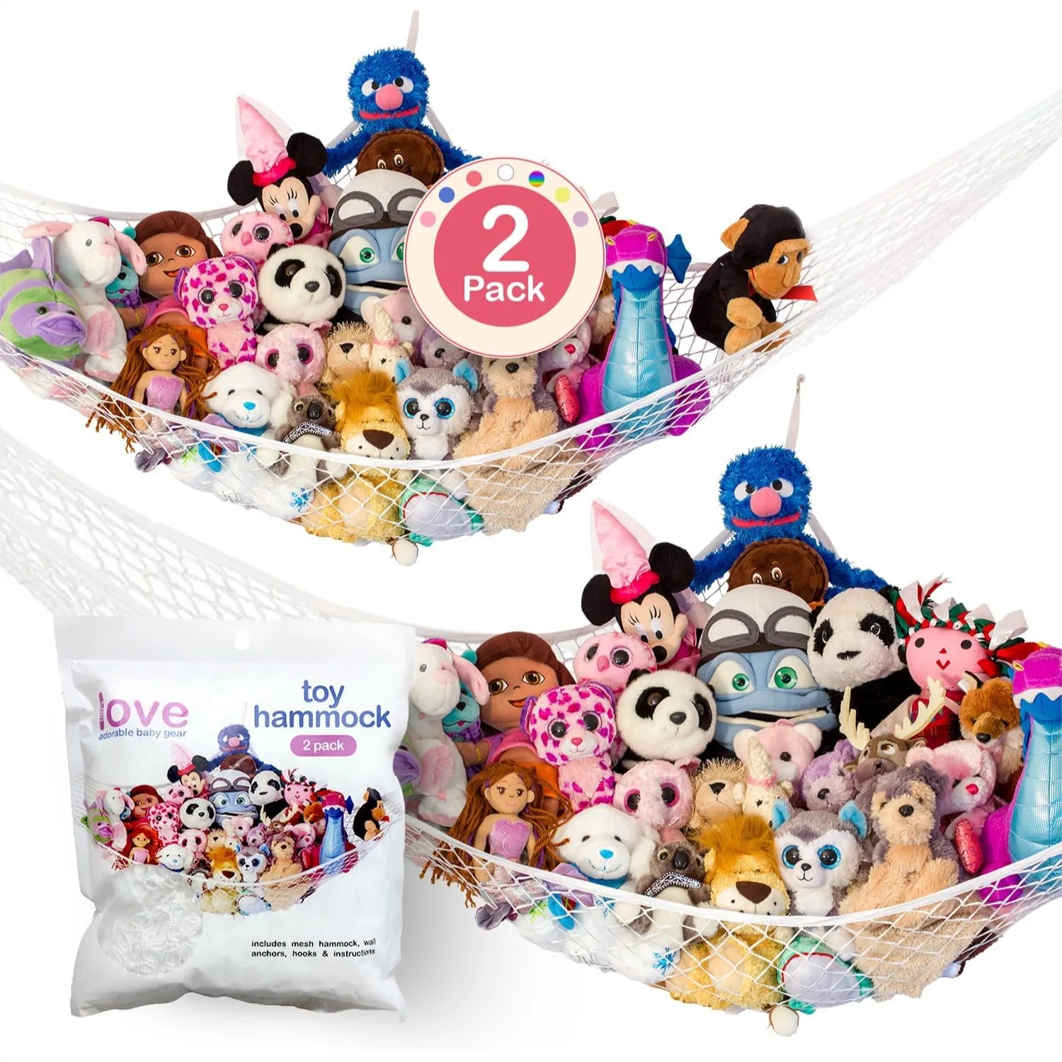 Stuffed Animal Hammock 2 Pack - Corner Storage for Plushies, Holds 12lbs, Easy Hang with Hardware