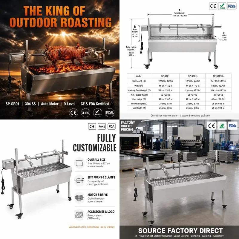 CE Certified Electric Motor Rotisserie Spit Roaster 88cm Stainless Steel Auto Rotating Charcoal BBQ Whole Lamb Pig Outdoor