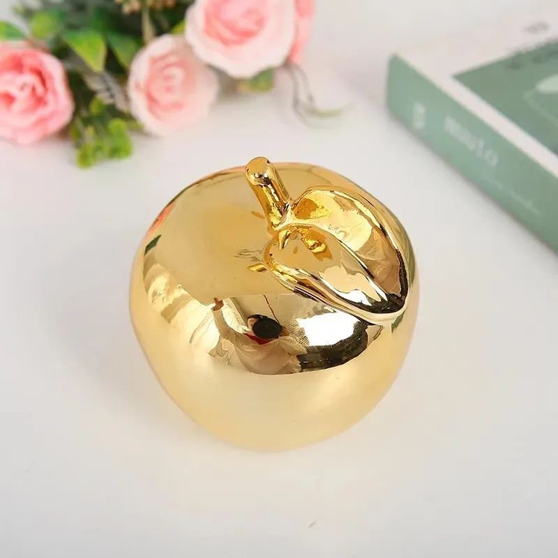 Gold Plated Ceramic Apple Office Desktop Decor Fruits Ornaments Study And Wine Cabinet Decoration Electroplated Apple Figurines