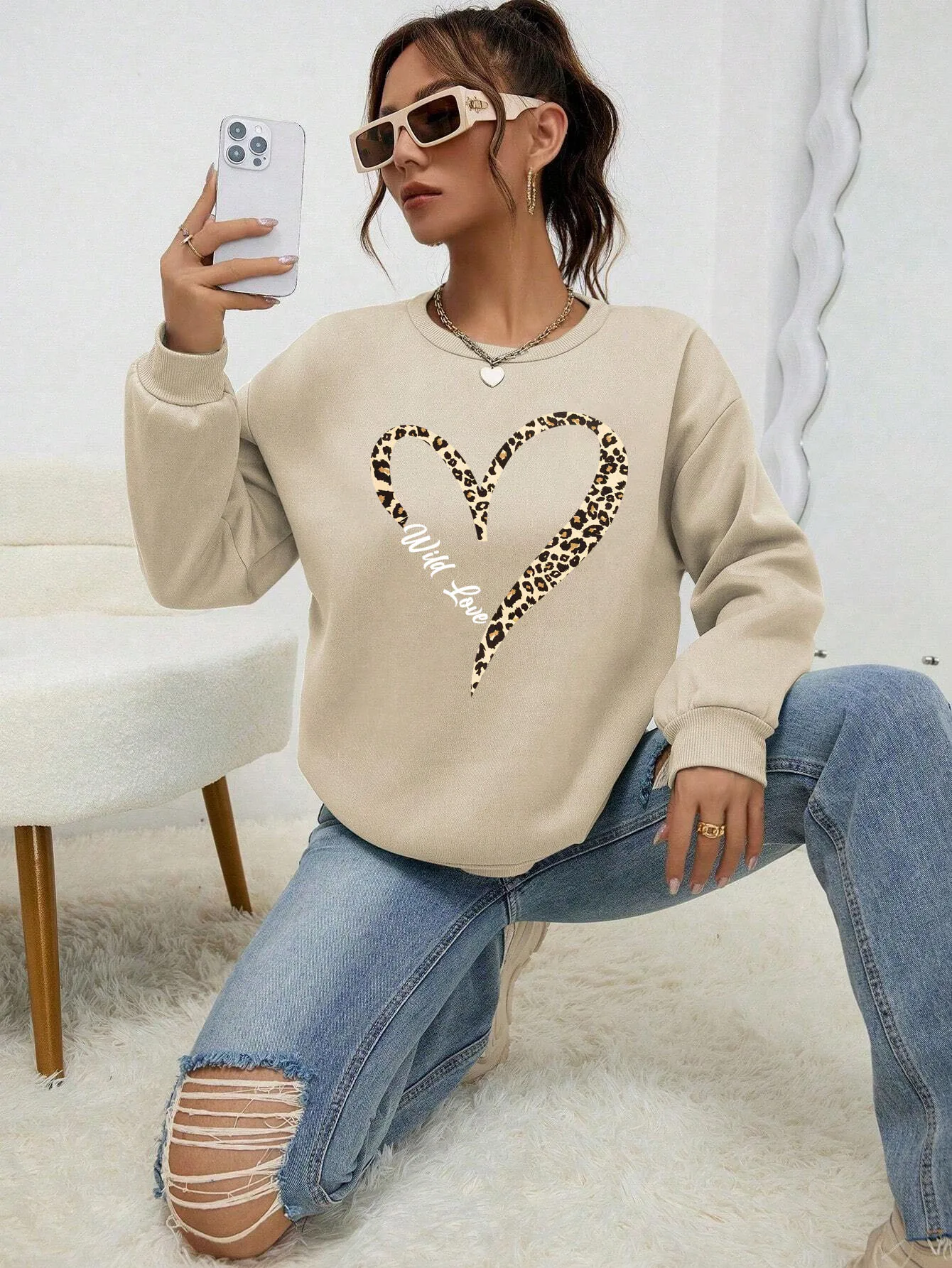 Leopard Wild Heart Pattern Print Female Sweatshirt Street Fur-Liner Pullovers Hipster Clothing All-Match Crewneck Tracksuit