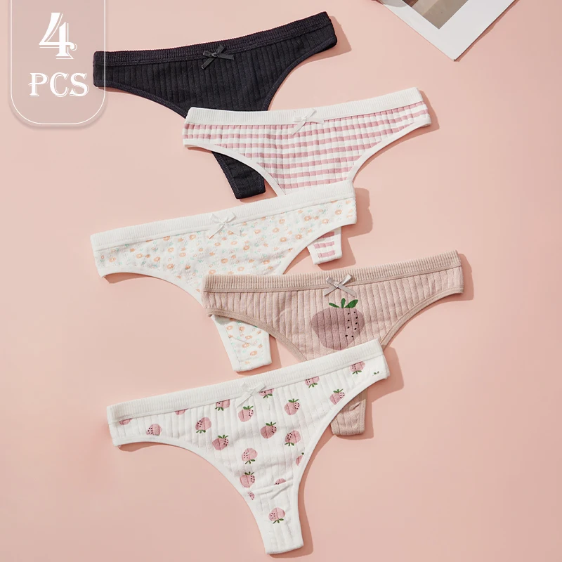 5 عبوات من القطن اللطيف للنساء سراويل داخلية مثيرة بنمط زهرة الفراولة منخفضة الخصر مريحة وناعمة