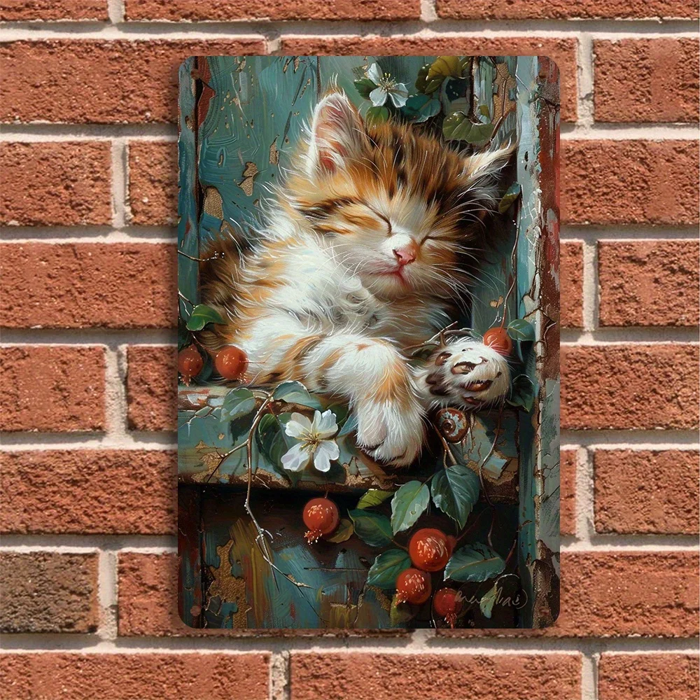 1PC Curious Cat Vintage Style Iron Sign Sleeping Kitten Artwork Durable Indoor Outdoor Wall Decor Medidas 8x12 Pulgadas