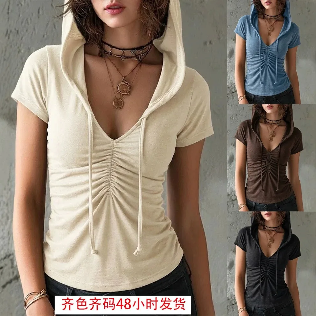 Short Sleeve T Shirt Women Clothes For Woman Cotton V Neck Ruched Solid Color T Shirts Cropped Slim Fit Tee Y2k Casual Hooded
