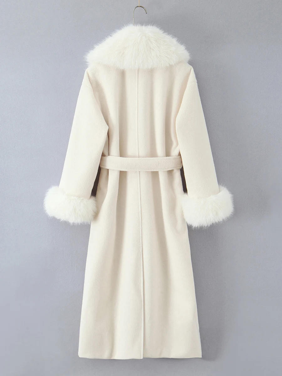 TWOTWINSTYLE, abrigos elegantes con cuello de piel empalmados lisos para mujer, cuello en V, mangas largas, abrigo básico Lac Up de retazos, ropa femenina