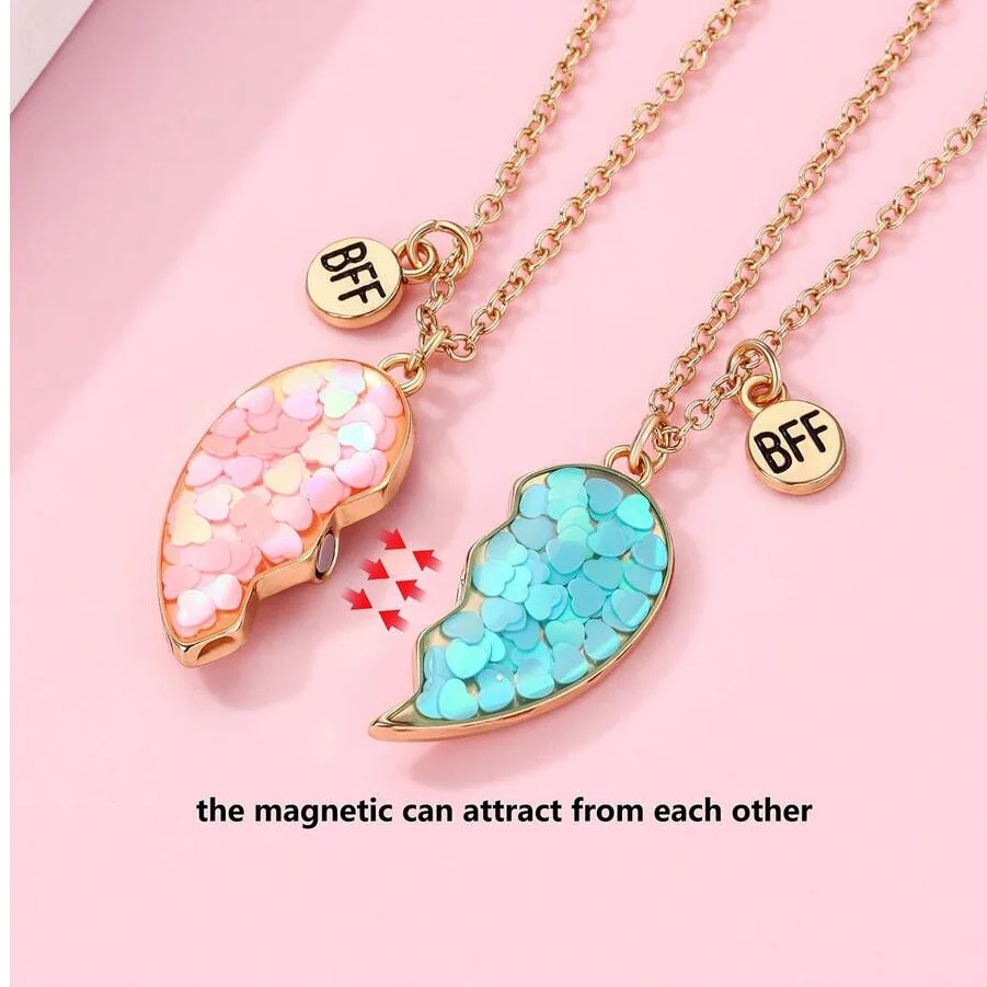 Karsyngirl 2Pcs/set Cute Heart-shaped Sequin Best Friend Bestie Necklace for Girls Friendship Gifts