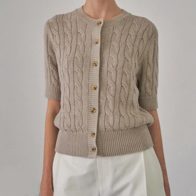 Summer New Twist Woven Cardigan Short Sleeve Knitted Top Female Linen Cotton Knitted Cardigan