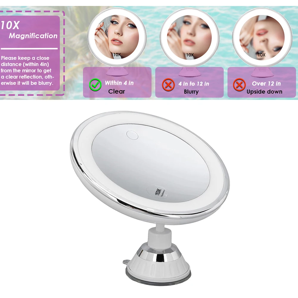 LED Makeup Magnifying Mirror 3 Light Colors Illuminated with 10x Magnification and Suction Cup 360° Rotation Brightness Dimmable