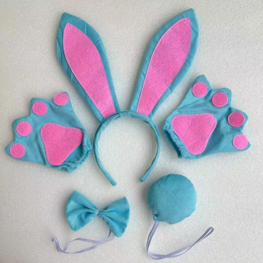 Bowknot Necktie Easter Rabbit Ear Headband Set Paw Gloves Cartoon Animal Bunny Ears Hair Hoop Plush Ball Tail Hair Accessories