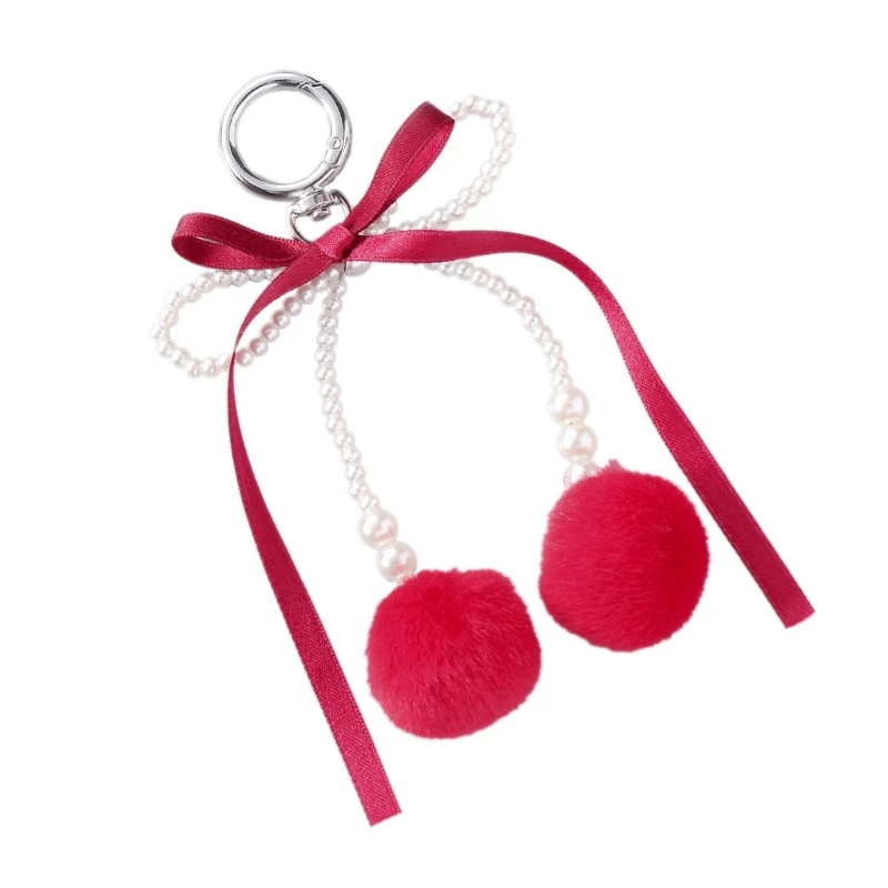 Soft Plush Hairball Keychain with Ribbon Bowknot and Imitation Pearls for Key