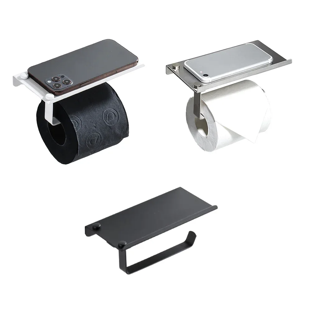 Dual Installation Toilet Paper Holder with Stainless Steel Body and Spacious Shelf for Phones or Sanitizers in Bathroom Settings