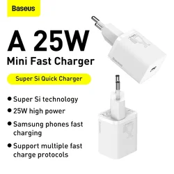 Baseus Super Si Quick Charger 1C 25W EU Sets Black（With Mini White Cable Type-C to Type-C 3A 1m Black）