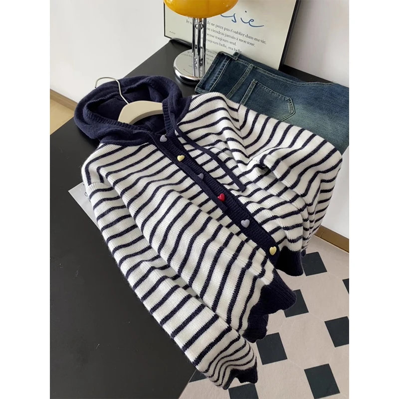 

Длинный открытый кардиган с капюшоном в полоску в стиле ретро, свитер, женская модная универсальная верхняя одежда, топ для осенне-зимнего сезона