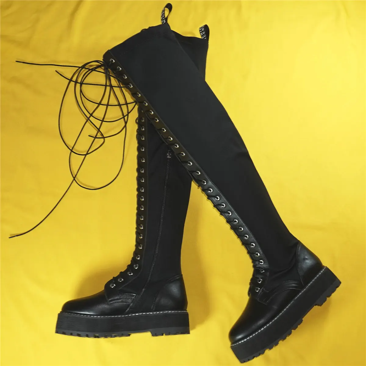 2024 Pumps Shoes Women Lace Up Stretch Fabric Flat With Over the Knee High Boots Female Round Toe Fashion Sneakers Casual Shoes