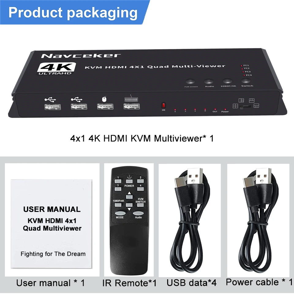 Navceker KVM HDMI-compatible Multiviewer 4K 4 In 1 Out 1080P Quad Screen Multi Viewer HDMI Multi-Viewer Seamless Switch with IR