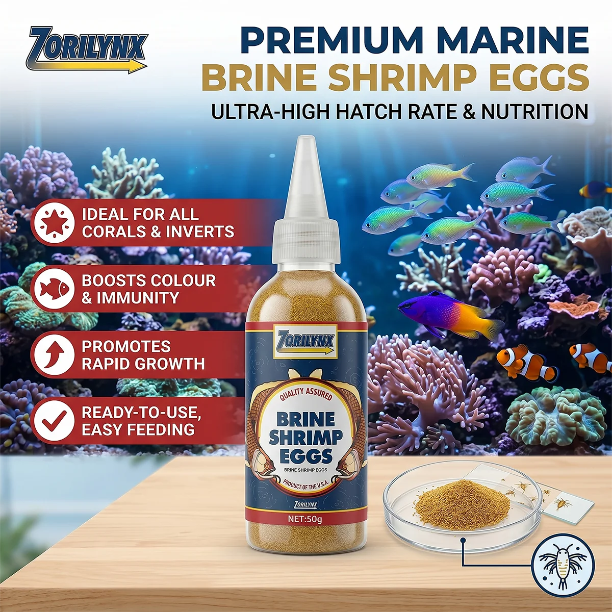Premium Decapsulated Artemia Cysts Non-Hatching Nutritious Feed, Direct Diet for Aquarium Fry Guppies Reef Coral Tank