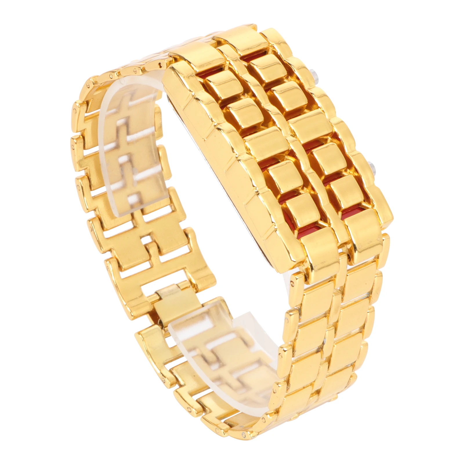 

Golden Digital Wrist Watch Stainless Steel Bracelet Red LED Light Display Time Date Durable Comfortable Wear Red Light Watch