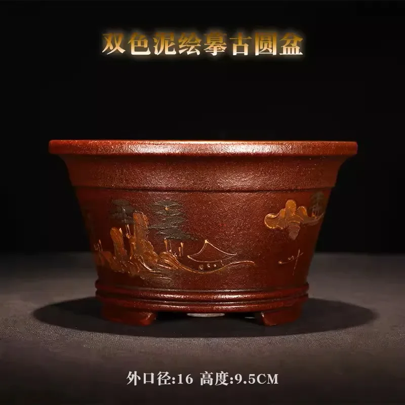 yesPurple Sand Round Circle Bonsai Pot,Small Vase,Tradition Chinese Handmade Painting,Home Office Desk Table Garden Decoration