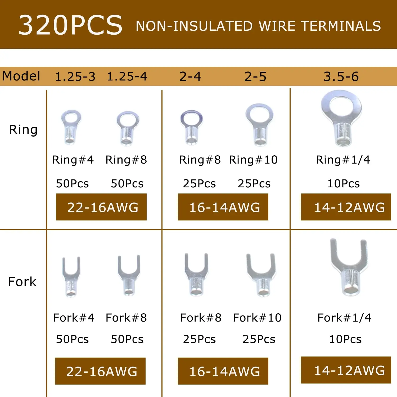 320PCS Non-Insulated Ring Terminals & Fork Electric Wire Connectors, AWG 22-16 16-14 12-10 Tinned Pure Copper Wire Lugs Battery