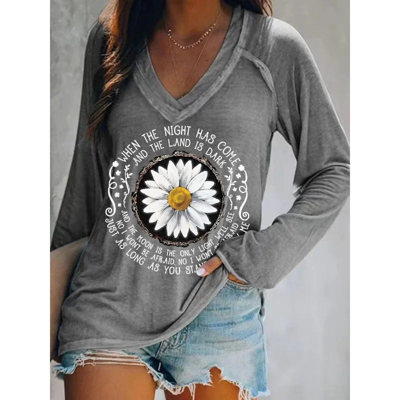 Ilstile Women's Hippie Flower Print T-Shirts Spring Summer Long Sleeve Casual Loose V Neck Tops Blue Green Tees NEW view 2