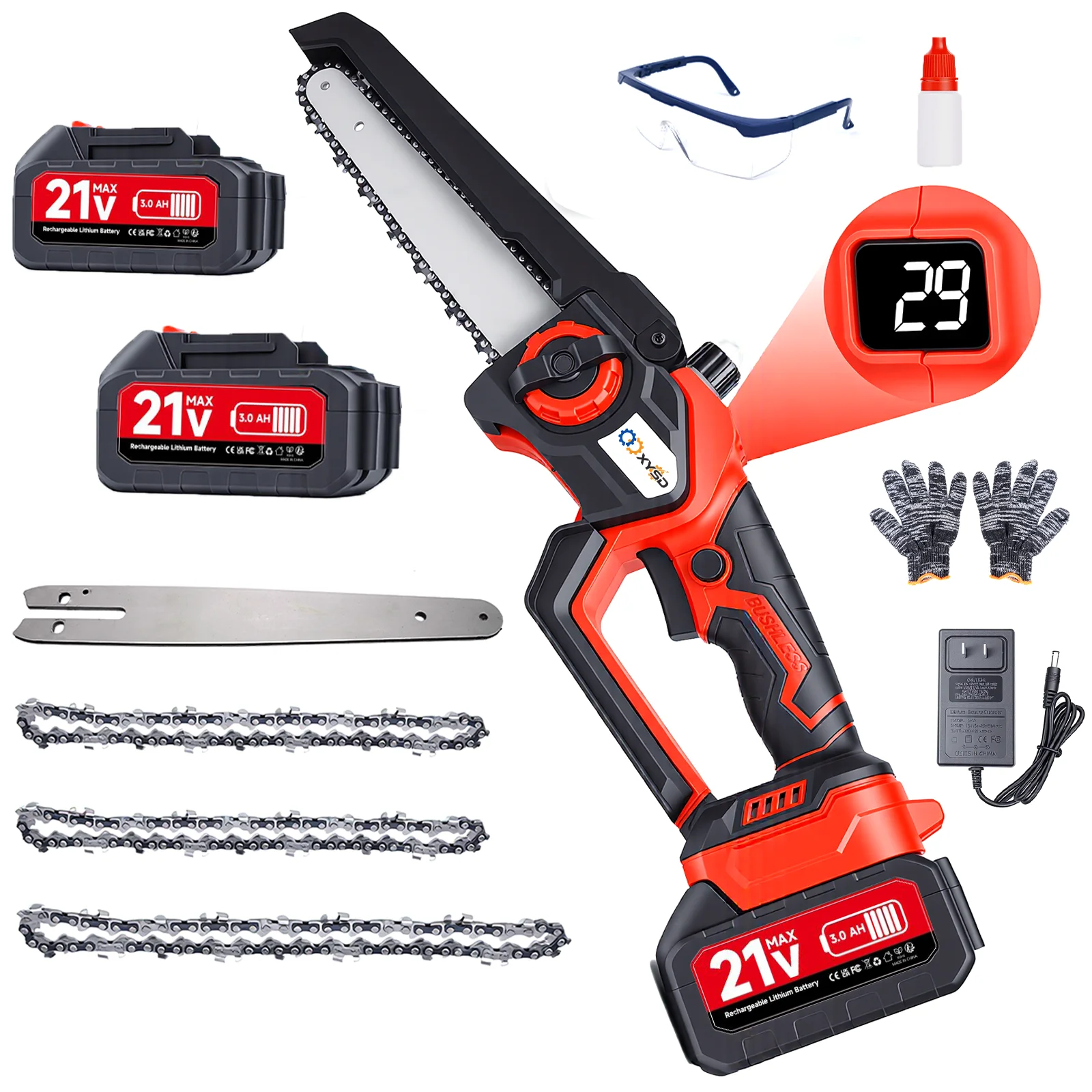 

XYSD 8-inch mini chainsaw features a brushless motor and an automatic lubrication system. It is a practical gardening tool.