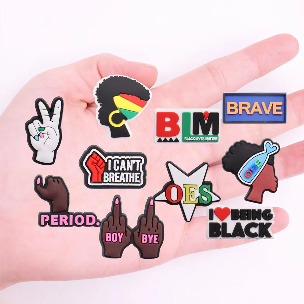 PVC Admirável Menino Bye BLM Preto Vidas Importam Período Encantos Sapato, Fivela Tamanho, Fit Pulseiras, Decorações Mochila Chinelo, 1Pc