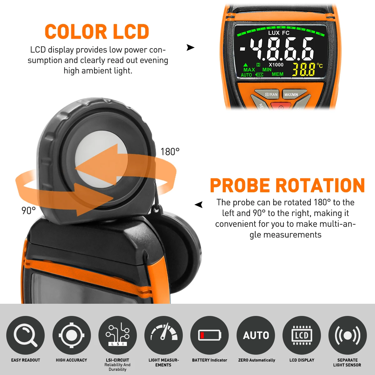 Digital Luxmeter Portable Photometer Light Meter 0.1~400,000 Lux with Data Hold, 270° Rotating Detector with LCD Display