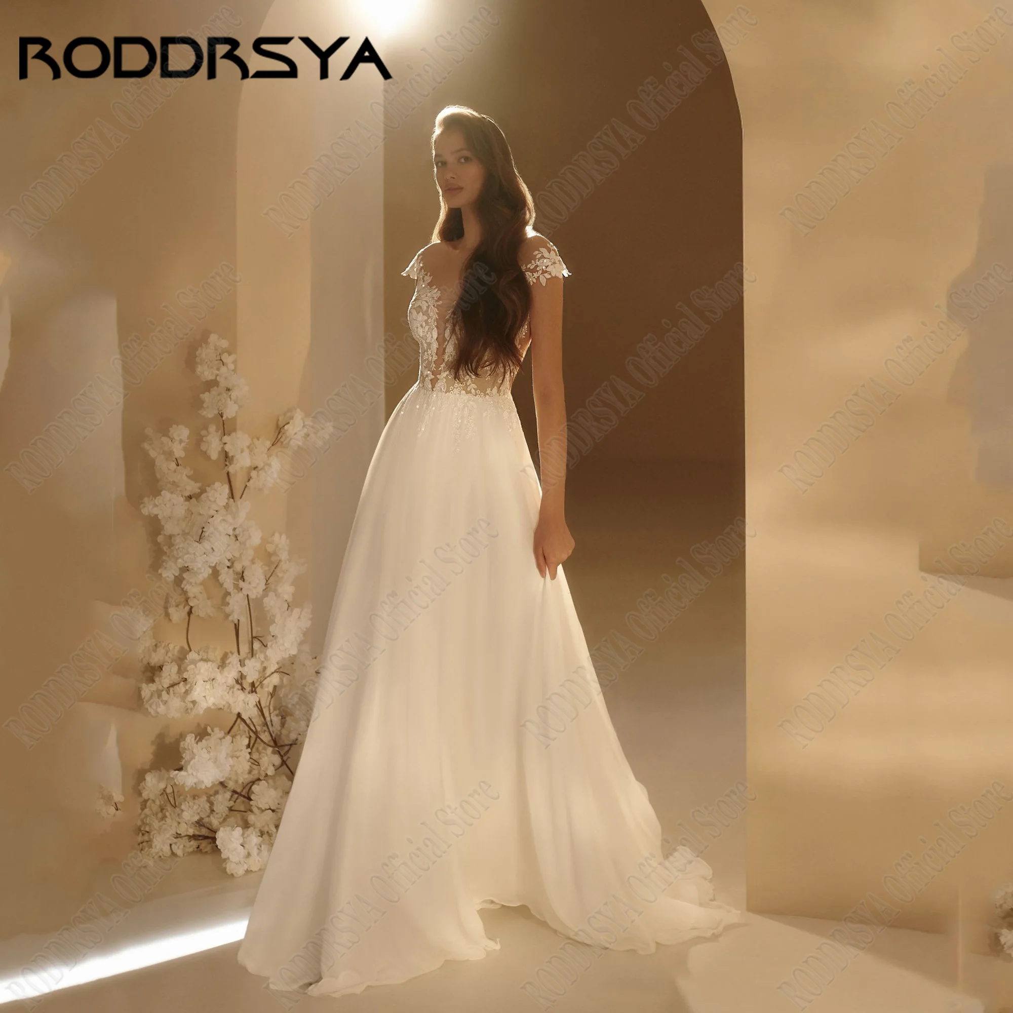 RODDRSYA-Robes de mariée en mousseline de soie avec mancherons, appliques dos nu, encolure dégagée, A-ligne, dentelle bohème, patients, quelle que soit la grande taille, mariée, 2024Roddrsya mousseline de soie cap manc