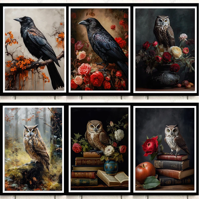 Black Owl Raven with Flower Poster Vintage Goth Style Animals Canvas Painting Wall Art  Picture for Living Room Home Decoration