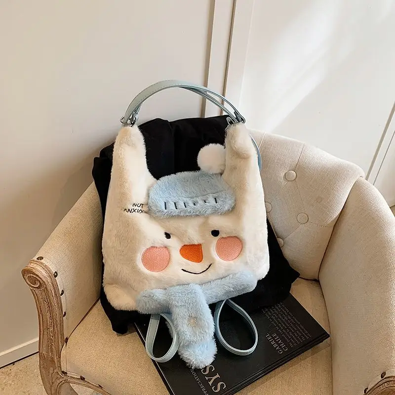 Cute Snowman0 Autumn Winter Fluffy Backpack Kawaii Student Schoolbag Tote Bag Shoulder Bags Storage Bag Women's Bags Purse