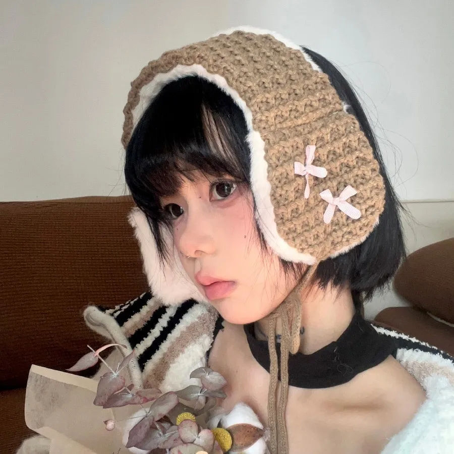 Winter Accessories Women Winter Ear Muffs Knitted Lace Up Ear Cups Cute Bow Winter Cold-proof Warm Earbags Student Accesorios