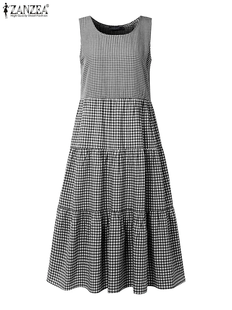 Zanzea dia wear casual a linha robes femme 2025 verão das mulheres o-pescoço vintage gingham vestido de verão sem mangas em camadas vestidos midi