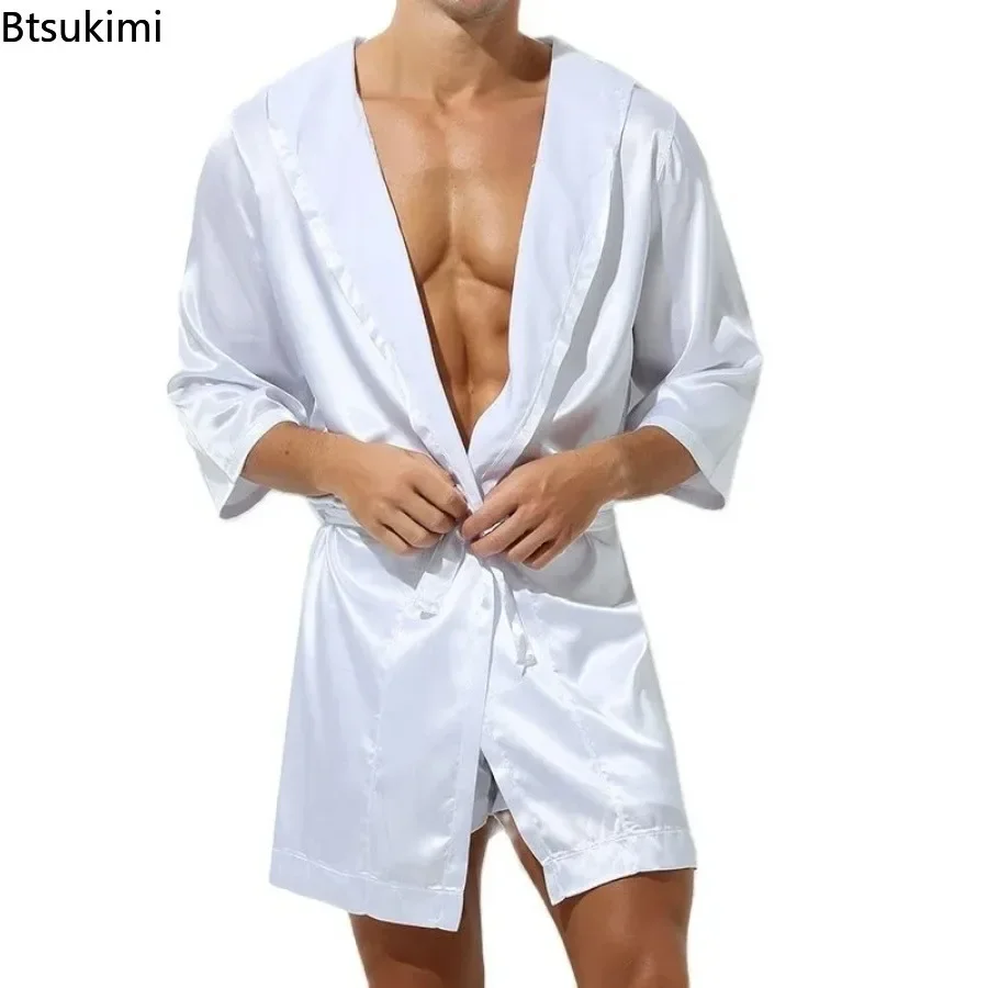 Roupões masculinos de cetim de seda com capuz, roupão longo casual de meia manga, roupa de dormir, roupão de noite para homens