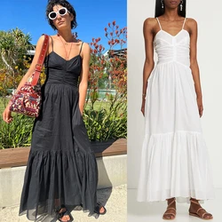 2023 New Women Long Cotton Dress V Neck Simple and Elegant Texture Pleated High Waist Sling A-line dress