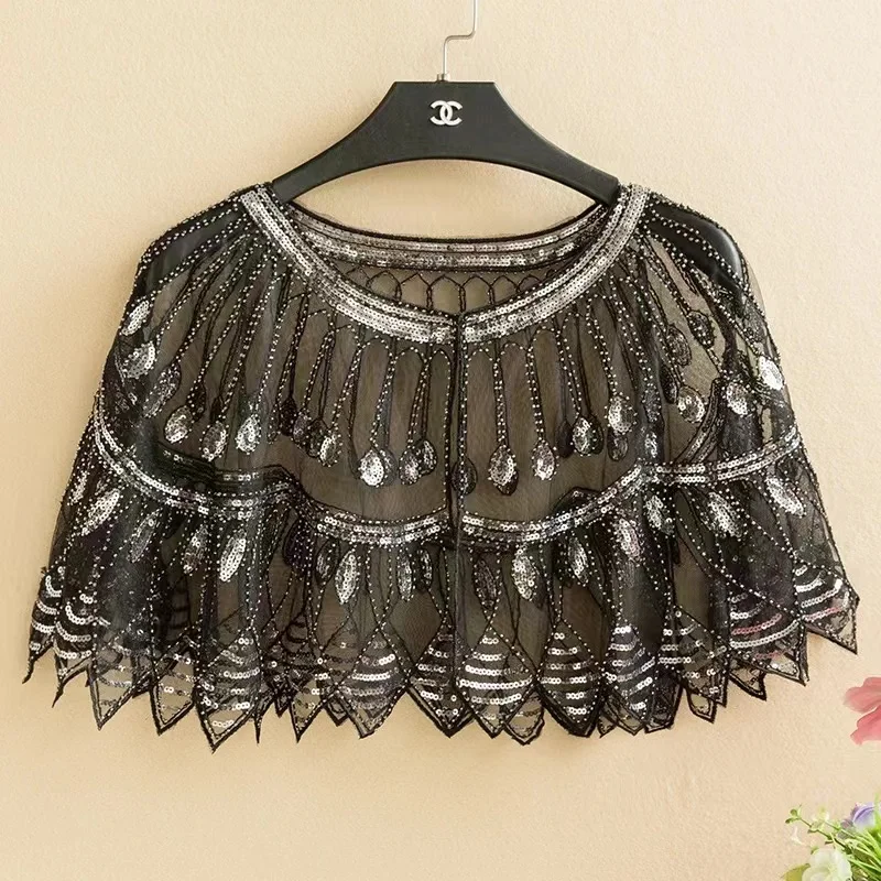 Leaf Shape Ruffle Shawl Elegant Sequin Embroidery Vintage Cape Mesh Short Cardigant Trend Dress Accessories For Party Prom