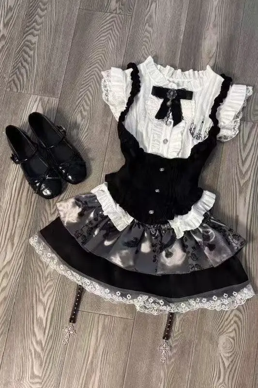 Vintage Cosplay Lolita Suit Women Kawaii Ruffles Cardigan Outwear Bodycon Blouse + Slim Y2k Skirts Party Vintage 3 Piece Sets
