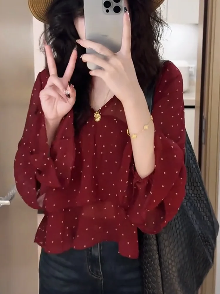 

Женский топ Ele Polka Dot Flared Sve больших размеров, универсальный, стройнящий, во французском стиле, с V-образным вырезом, осенняя новинка