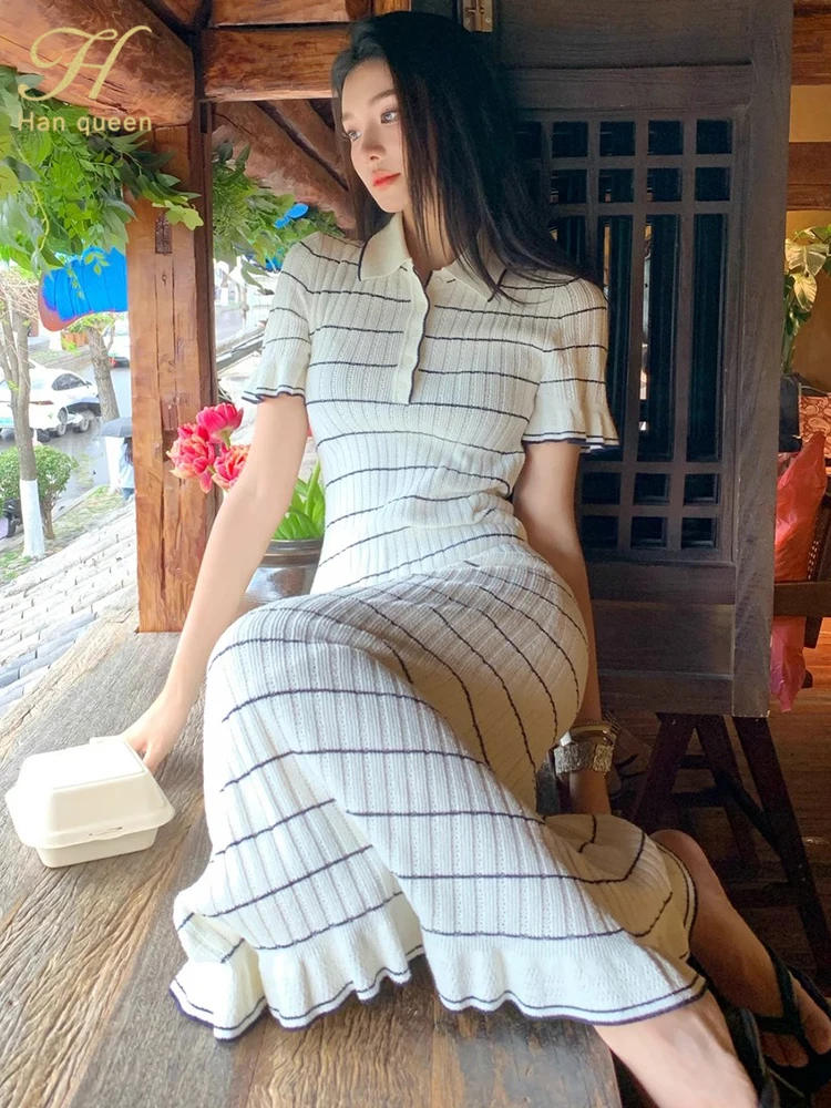 White Slim Fit Breathable Soft Elegant Casual Chic Knit Long Dresses Striped Polo Collar Pullover Sweater Knitted Dress