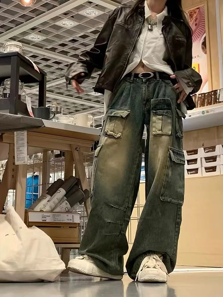 Pantaloni lunghi in denim da lavoro retrò americano Waed Primavera Autunno Trendy Brand Multi ket Pantaloni larghi a gamba dritta a gamba larga